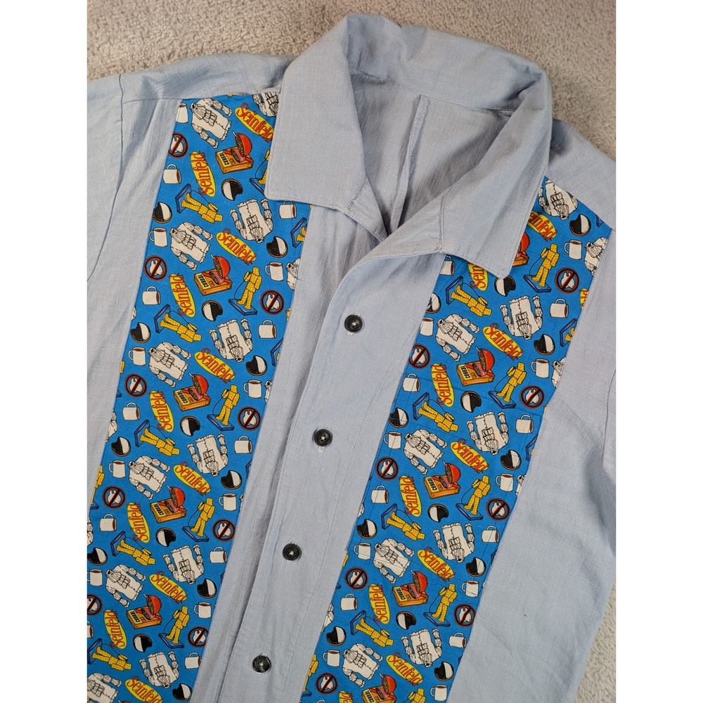 Handmade Seinfeld Theme Button Down Shirt Mens Blue Short‎ Sleeve Camp Collar L